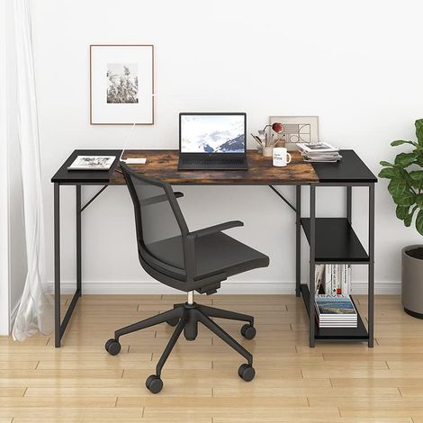 Meuble Bureau Informatique avec 2 Étagères, Table d’Ordinateur avec Rangement, Poste de Travail pour Télétravail, Chambre, Marron Rustique et Noir, 140x60x74cm (1/5)