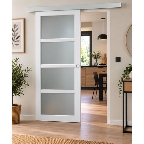 Porte Coulissante Tana Blanc Vitrée H204 X L83 Cm, Rail Alu, Coquilles Blanc Gd Menuiseries (1/3)