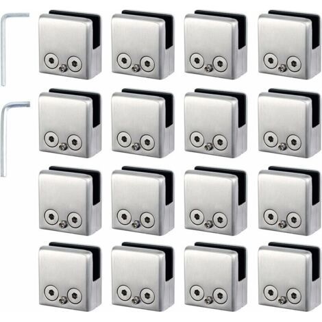 16pcs Pinces à Verre 8-10mm Support Verre dans Pinces en Acier Inoxydable Arrêtez Verre de Forme Carrée 8-10mm avec 2 Clés Hexagonales pour Balustrade d'Escalier