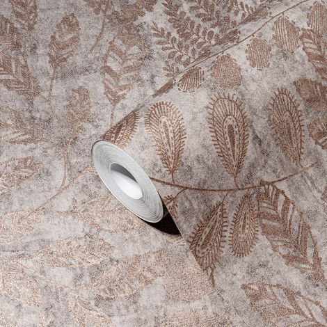 Papier peint floral sur fond gris Tapisserie feuillage cuivre Papier peint intissé style botanique idéal pour cuisine (1/5)