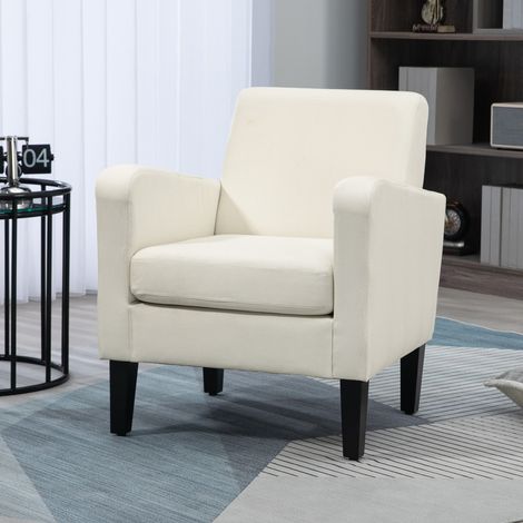 Sillón auxiliar moderno, silla ocasional con patas de madera de caucho para sala de estar o dormitorio, color blanco crema.