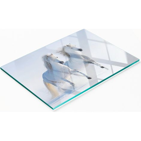 Tablero de vidrio decorativo multifuncional para cocina con dos caballos de nieve, 80x52 cm.
