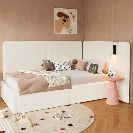 Lit coffre 90x200 cm avec USB et liseuse, lit simple enfant avec rangement hydraulique, en bouclette beige (1/5)