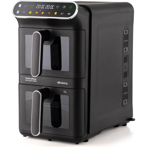 Ariete 4640 Air Fryer Vertical Duo - Friggitrice Ad Aria Doppia Verticale, 11L, 2460W, 6 Programmi, Funzioni Sync E Dual, Fino A 200°C, Nera