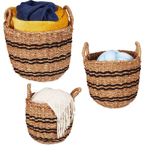 Relaxdays Tres Cestas Almacenaje, Canastos con Asas Alga Marina Trenzados, 3 Tamaños, Baño, Dormitorio, Natural/Negro