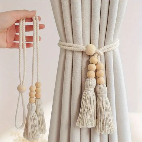 Cordon de suspension pour rideaux 2 pièces, porte-rideau à double cordon en coton avec glands, couleur beige pour store en bois (1/4)