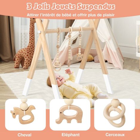 Gym d'éveil en bois blanc pour bébé avec 3 pendentifs sans BPA et structure triangulaire pliable, pour chambre et espace de jeu (1/5)