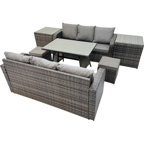 Fimous Garden Rattan Outdoor Furniture Set 8 Seater with 3 Seater Sofa 2 Side Table 2 Small Stools Dark Grey (1/5)