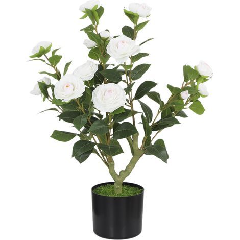 Camelia artificial de 65 cm en maceta, adornada con flores de seda realistas y 116 hojas con efecto de musgo blanco. (1/5)