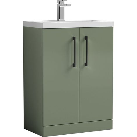 Balterley Bramshall Compact Bathroom Cloakroom Vanity Basin Unit with Polymarble Basin, Black Handles, 600mm, Satin Green