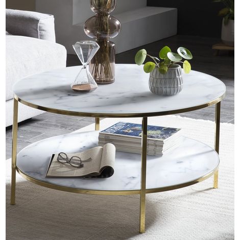 Table basse ronde de salon en verre effet marbre blanc et métal doré Ø 80 cm avec 2 plateaux - PANGIVO (1/5)