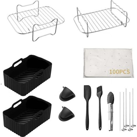 Ensemble de 11 accessoires pour friteuse à air Ninja comprenant des grilles, des doublures, une brosse à huile, une pince et une poêle (noir, 1 ensemble) (1/5)