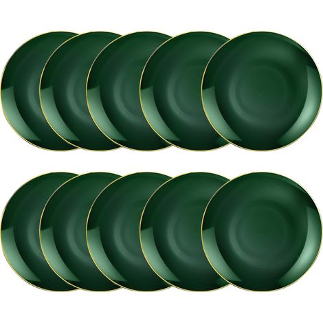 Efavormart Lot de 10  Assiettes plates rondes en plastique vert émeraude brillant de 25 cm avec bordure dorée, assiettes jetables pour fêtes (1/5)