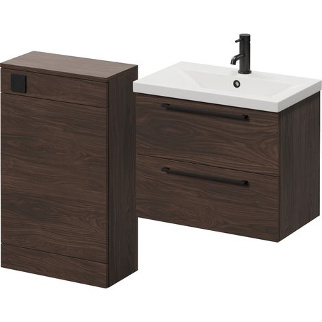 Napoli 390 Brown Oak 1100mm Wall Mounted 2 Drawer Vanity Unit and Toilet Suite with Glide Basin - 1100mm - Matt Black 320mm HandleWithout Kingston Toilet Pan