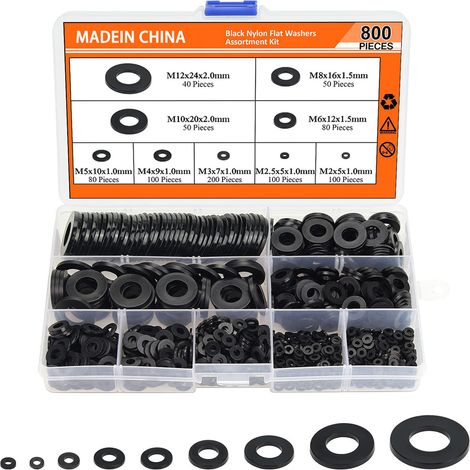 Flat Washer - Plastic Nylon - 9 Sizes Assortment Set - 800 pcs - For Hardware Installation and Fastener Protection (1/5)