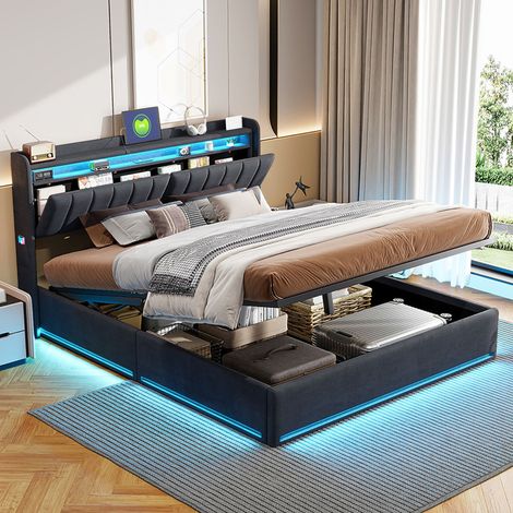 Cama de 160 x 200 cm con canapé, cama de 160 x 200 cm con somier, cama doble, cajones extensibles y compartimentos de almacenamiento, puertos de carga USB y tipo C, iluminación LED ajustable, terciope