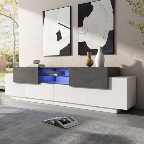 Mueble TV moderno con cristal y almacenaje blanco gris HAVRYA (1/5)
