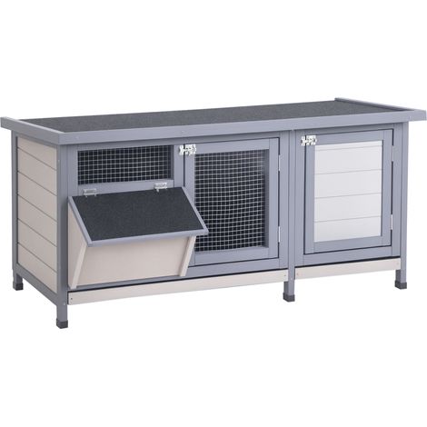 Hasenstall Winterfest Kaninchenstall aus Holz 112x50x54 cm Kaninchenkäfig mit Bitumendach, 2 Türen, Metallgitter, Hasenkäfig für Kaninchen, Meerschweinchen Outdoor Grau+Schwarz