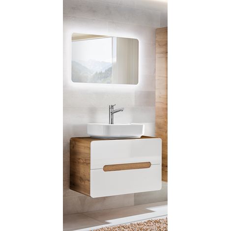 Badezimmer Waschplatz Set mit Keramik-Waschtisch LUTON-56 Hochglanz weiß mit Wotan Eiche Nb. B/H/T ca. 80/200/46 cm (1/5)
