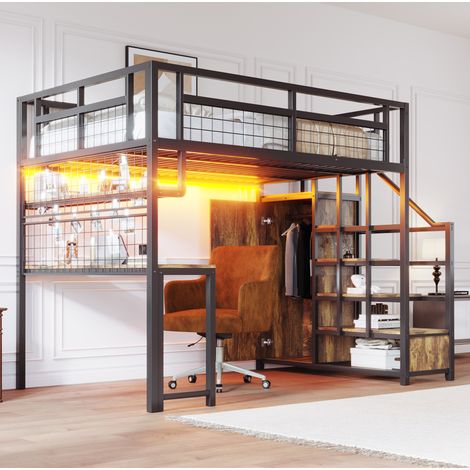 Cama alta 140x200 cm de metal y MDF negro con escritorio, sin colchón - MEUBLIV (1/5)