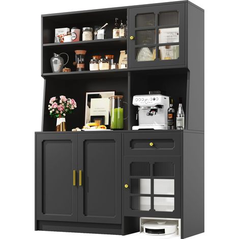 Armoire de cuisine noire, buffet haut avec portes en verre, meuble de rangement 130x45x180 cm, éclairage LED (1/5)