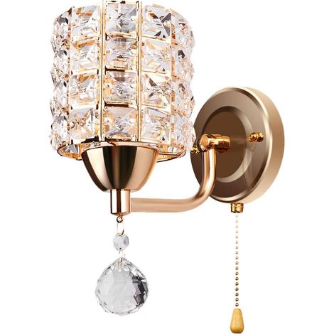 LED Wandleuchte Modern Wandlampe Kristall Quadrat für Schlafzimmer, Gang, Wohnzimmer, Lampenfassung E14 mit Zugschnur Schalter (Gold)