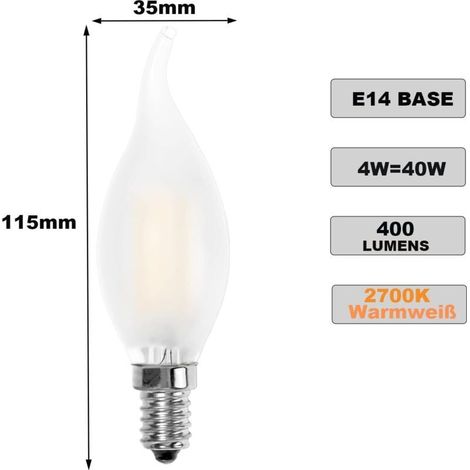 Ampoule LED E14 flamme – Forme de bougie – Blanc chaud 2700K – 4W équivalence 40W – 400lm – Lot de 12 (1/2)