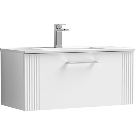 Belvide Partial Fluted 1 Drawer Wall Hung Vanity Unit with 1 Tap Hole Minimalist Basin - 800mm - Satin White (1/4)