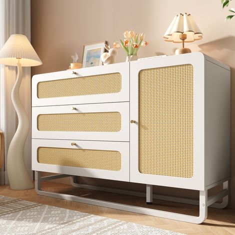 Buffet 120x40x85cm - avec 3 tiroirs en rotin et 1 porte en rotin - style campagnard - poignée en or - Blanc + Naturel
