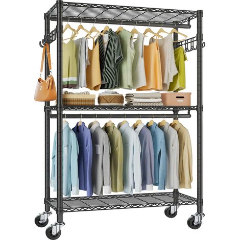 portant à vêtements à roulettes robuste pour suspendre les vêtements - Étagère réglable en fil métallique - Armoire portable avec roulettes et crochets latéraux - Noir (1/5)
