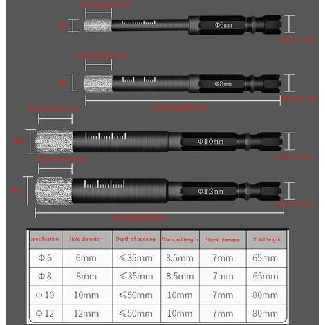 Set mit 4 Diamantbohrern für Keramikfliesen, Feinsteinzeug, Fliesen, Glas und Stein. Professionelle Diamantbohrer für Keramikfliesen – 6 mm, 8 mm, 10 mm, 12 mm (1/4)