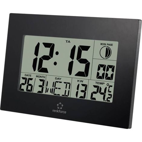 Horloge murale radiopilotée – Modèle E0311R, noir mat, 23 cm × 16,3 cm × 2,8 cm, précision atomique et affichage clair (1/2)
