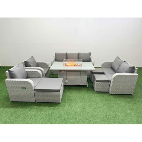 Fimous PE Rattan Garden Furniture Set Reclining Chair Sofa Double Love Seat 2 Seater Sofa Lounge Set Firepit Dining Table 3 Stools Light Grey (1/4)