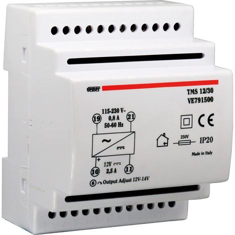 VEMER VE791500 TMS 12/30 - Alimentatore 12V Switching Stabilizzato, Trasformatore con Installazione su Barra DIN, Tensione in uscita 12 Vdc, Potenza 30 W, Bianco