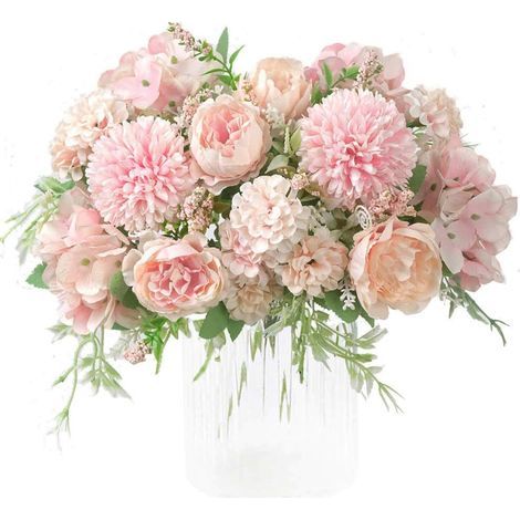 Hellrosa künstliche Blumen, Strauß aus 7 seidenbestickten Pfingstrosen, künstliche Nelken, realistisches Blumenarrangement zur Tischdekoration (1/5)