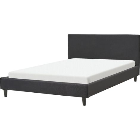Cama tapizada en tela negro 140 x 200 cm marco de listones patas de madera moderno Fitou (1/5)