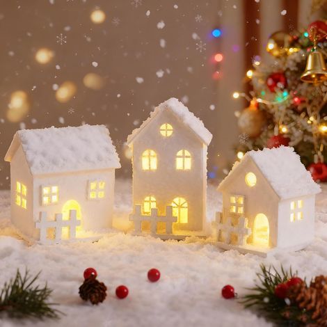 3 Pièces Village de Noel en Bois, Maison Miniature, Maison de Neige Blanche, Mini Lumineux LED à Pile, Decoration Noel Petite Accessoire Anime Veilleuse Cadeau Hiver (1/5)