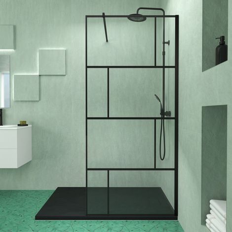 pack paroi de douche 90x195 cm + receveur noir effet pierre 140x90 cm (1/5)