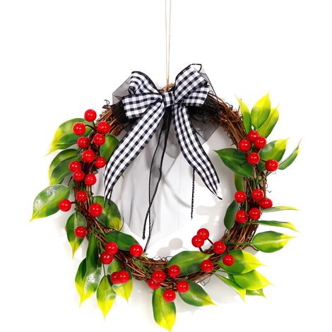 Guirlande En Rotin - Guirlande De Noël Avec Baies Rouges - Décoration Porte Mur Arbre De Noël - 32 Cm - 1 Pièce (1/5)