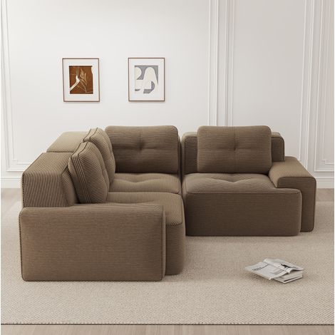 Sofá rinconera modular sin montaje, 206 x 206 x 69 cm, tela de pana marrón DESVIAE (1/5)