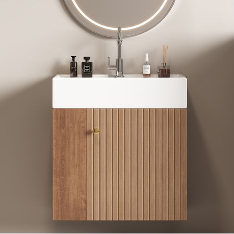 Meuble de salle de bain avec vasque 55 cm suspendu, MDF brun et céramique blanche DESVIAE (1/5)