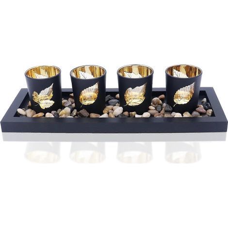 Candle Holder Set, Includes 4 Glass Cups, Natural Stones and Wooden Tray for Table Decorations (Leaves) (1/5)