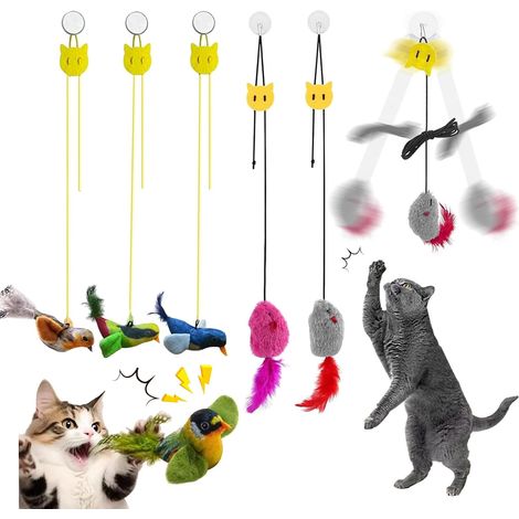 5 Pièces Porte Suspendue Souris et Oiseaux Jouet Chat,Jouet Interactif pour Chat,Jeux pour Chat Interieur à Queue en Plumes, Souris Suspendue avec Corde Élastique et Bruit，Jouet Chat pour Cou (1/5)