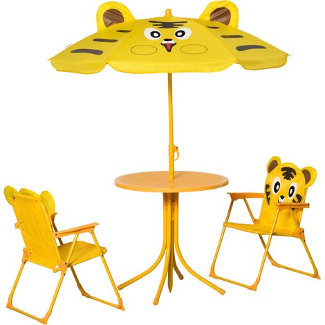 Outsunny 4-teiliges Kindergartenmöbel-Set – Tigerdesign – Runder Tisch + 2 Klappstühle + Sonnenschirm – Gelbes Oxford-Epoxidmetall