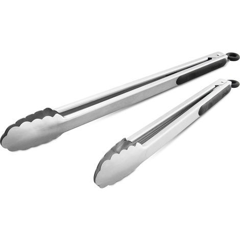 304 stainless steel kitchen tongs, 1 of each 27 cm and 34.5 cm, set of 2 heavy-duty food tongs for brushed barbecue grill, ergonomic handles, black (1/5)