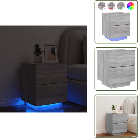 The Living Store Armoire de chevet et lumières LED sonoma gris bois d'ingénierie - Table De Chevet - Meuble De Chambre - Luminaire Led - Étagère - Rangement Tiroir