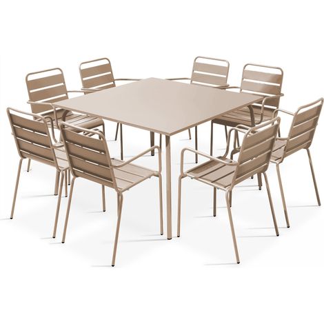 Ensemble table de jardin carrée et 8 fauteuils en métal taupe - Palavas