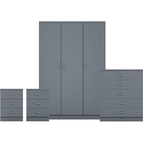Riano 4 Piece Bedroom Set (3 Drawer Bedside Chest, 5 Drawer Chest, 3 Door Wardrobe), Grey (1/3)