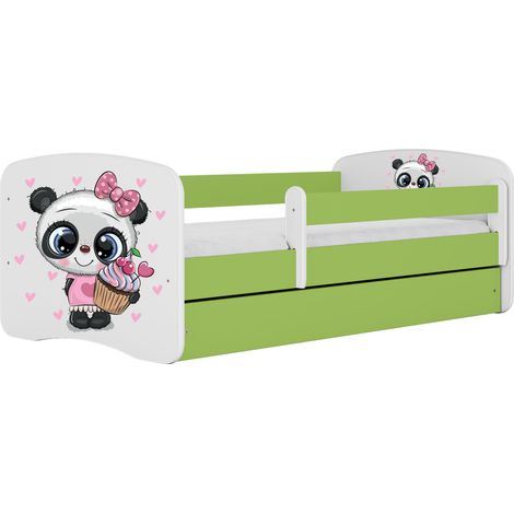 Lit enfant 80x160 cm avec tiroir et barrière avec matelas vert motif Panda (1/5)
