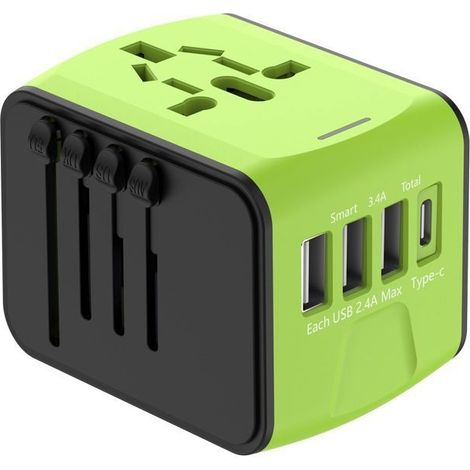 Adaptateur Voyage Universel International avec 3 USB et 1 Type C, 1500W, Prise France vers USA Canada UK EU Chine Japon, vert (1/4)